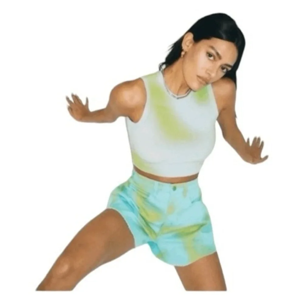 WeWoreWhat Jean Shorts Blue Green Tie Dye Wide Leg Flare Bell Denim 26‎